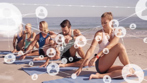 animation of networks of connections with people icons over caucasian people on beach