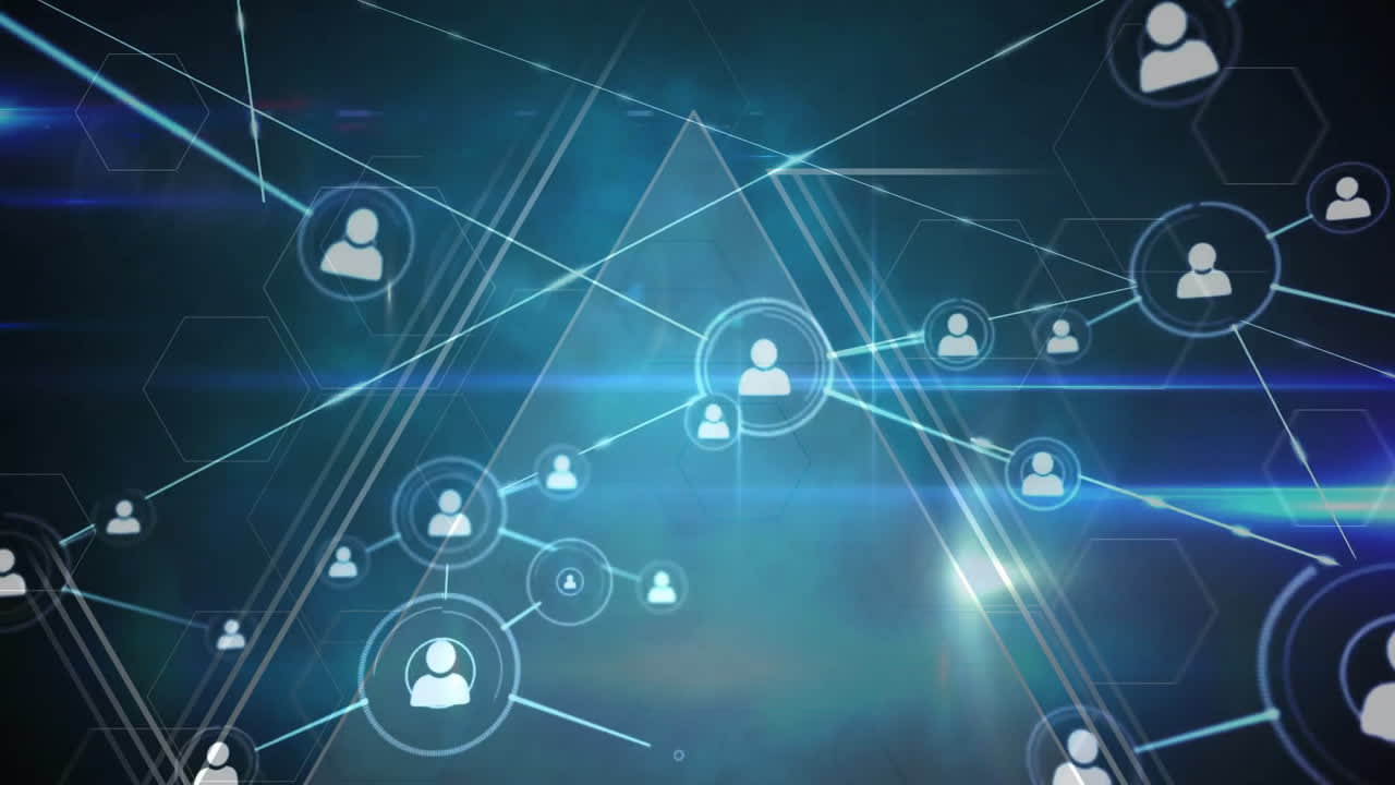 animación de la red de conexiones con íconos y triángulos