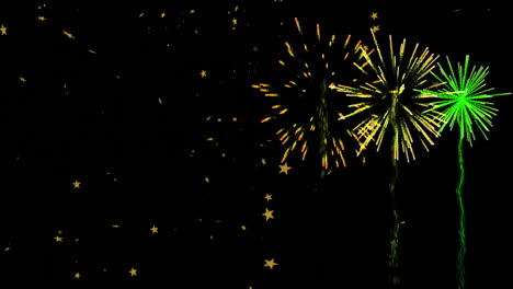 animating colorful fireworks and stars on black background