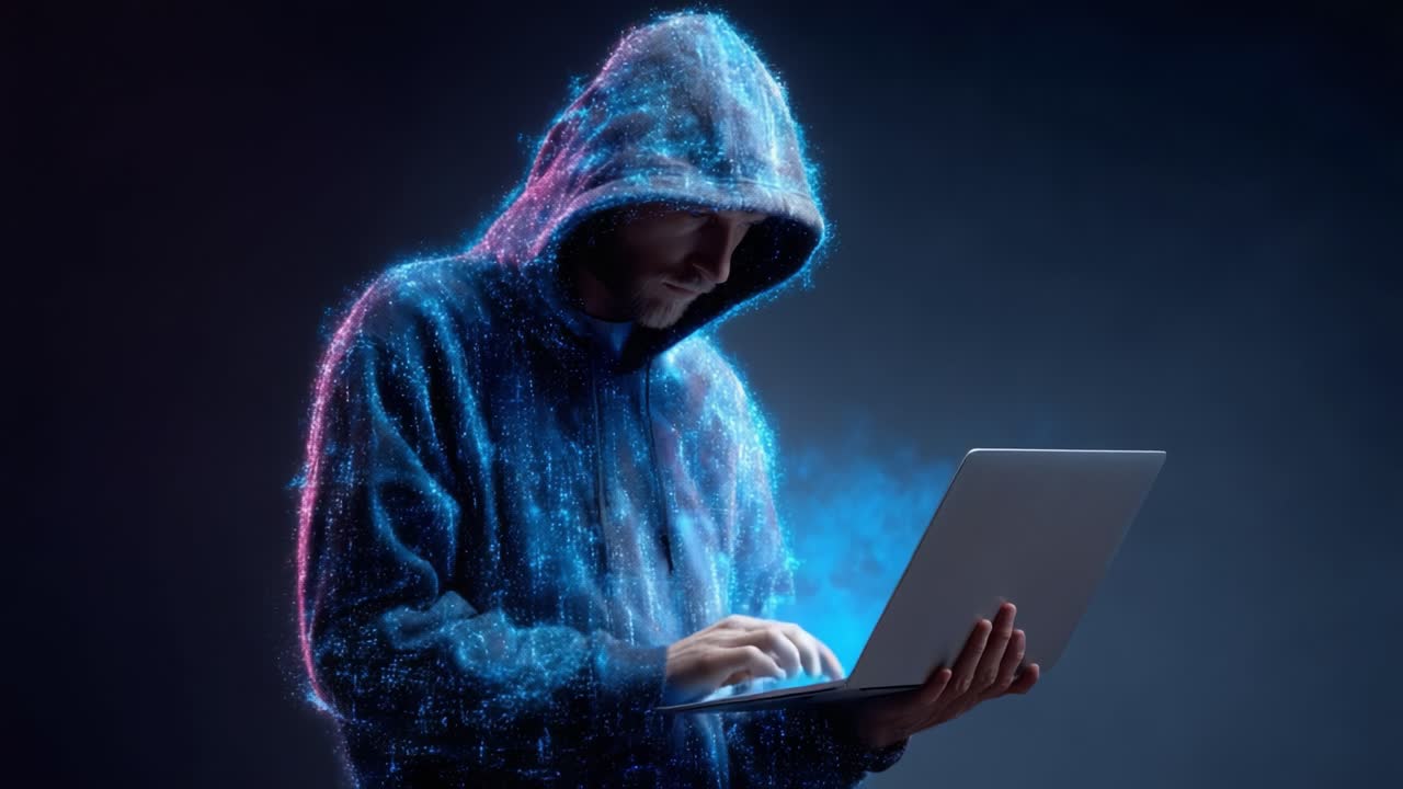 A mysterious figure in a digital hooded sweatshirt is deeply engaged in working on a glowing laptop, surrounded by an ethereal swirl of vibrant colors and light