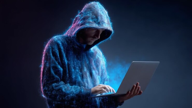 A mysterious figure in a digital hooded sweatshirt is deeply engaged in working on a glowing laptop, surrounded by an ethereal swirl of vibrant colors and light