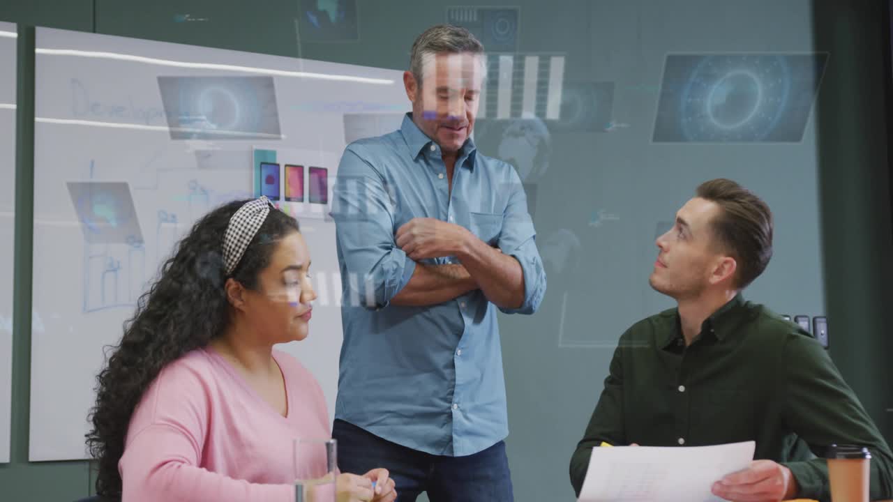 Manager checking wrist, leaning, leading design review, team highlighting papers while HUD sweeping