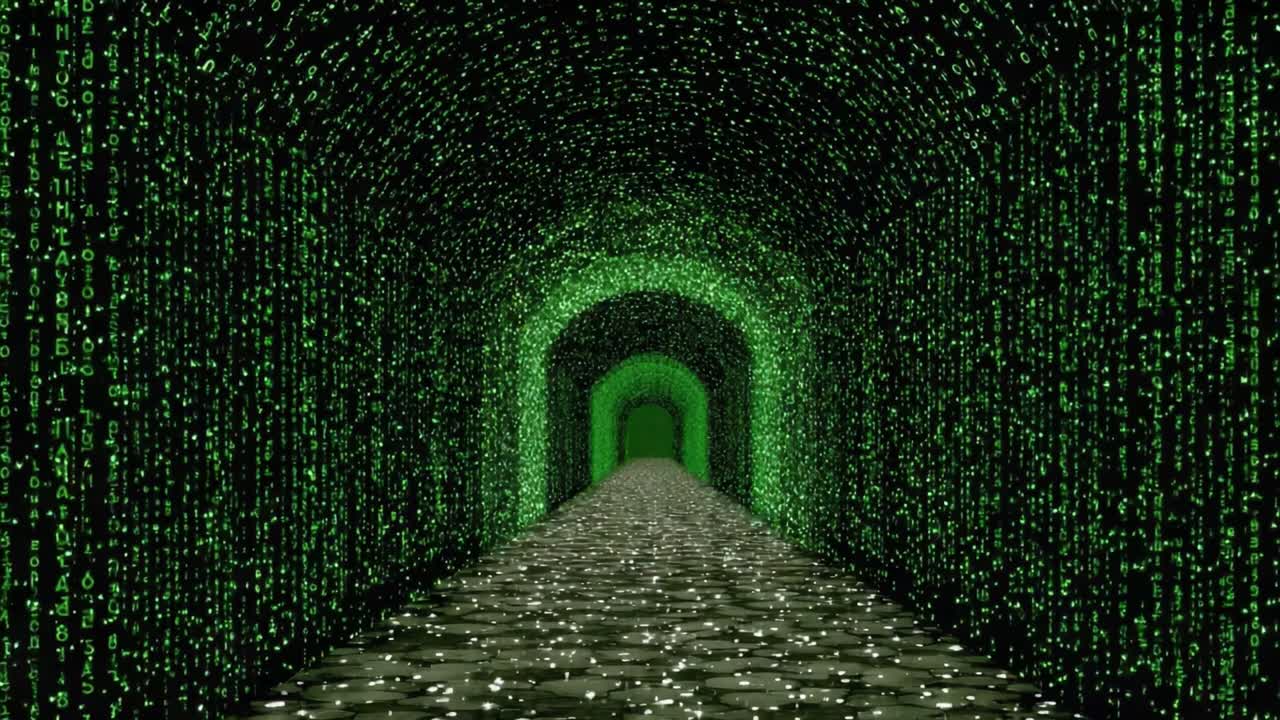 A Mystical Journey Through a Green-Coded Tunnel Surrounded by Cascading Data Streams Leading to an Unknown Destination of Digital Wonders