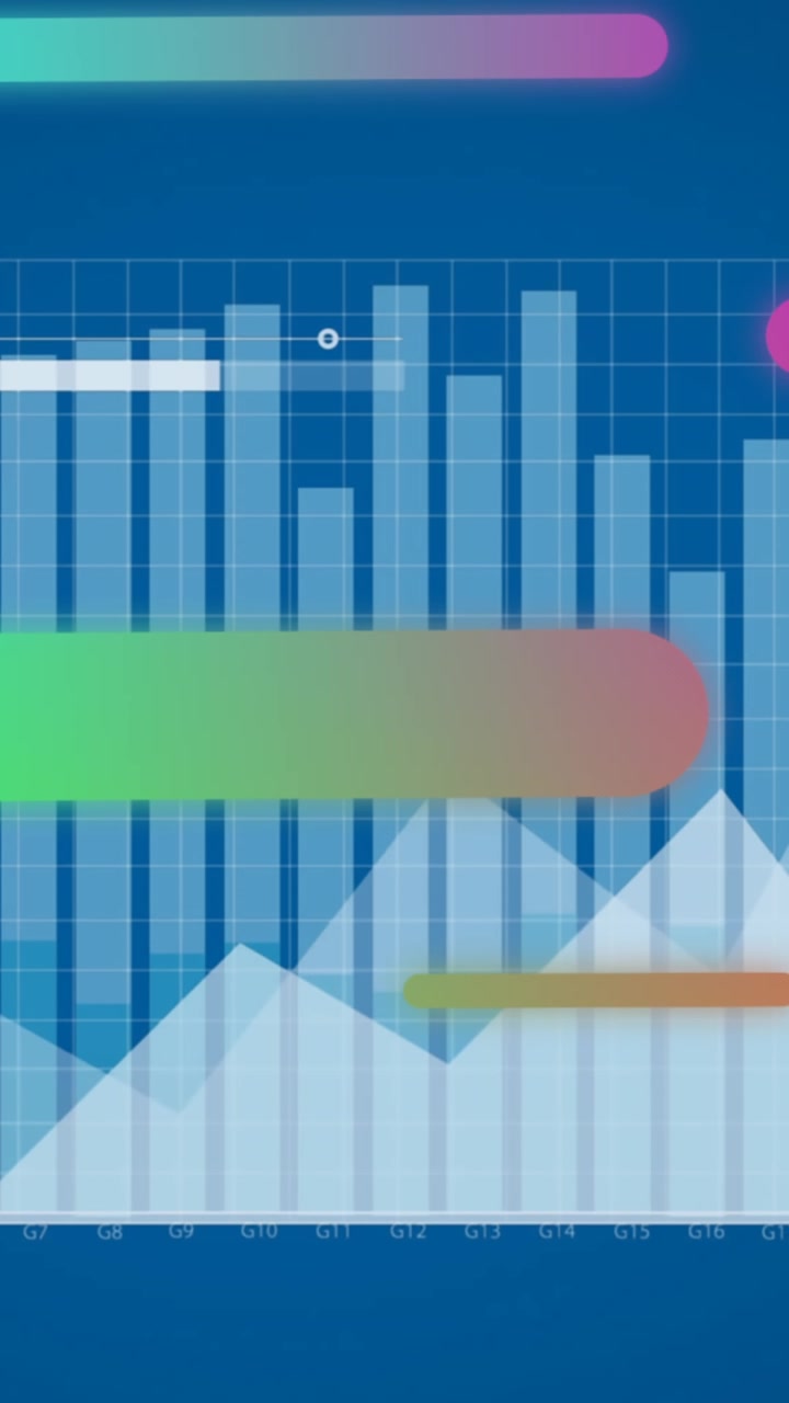Animazione di un motivo astratto multicolore su grafici e barra di caricamento su sfondo blu.