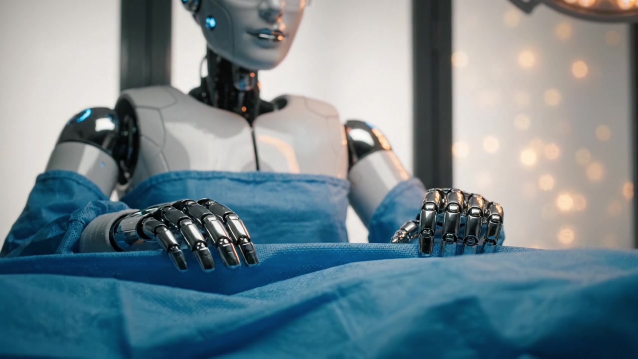 Futuristický chirurgický robot připravující se na operaci, představující pokročilou robotiku s nejmodernějšími funkcemi v moderním operačním sále.