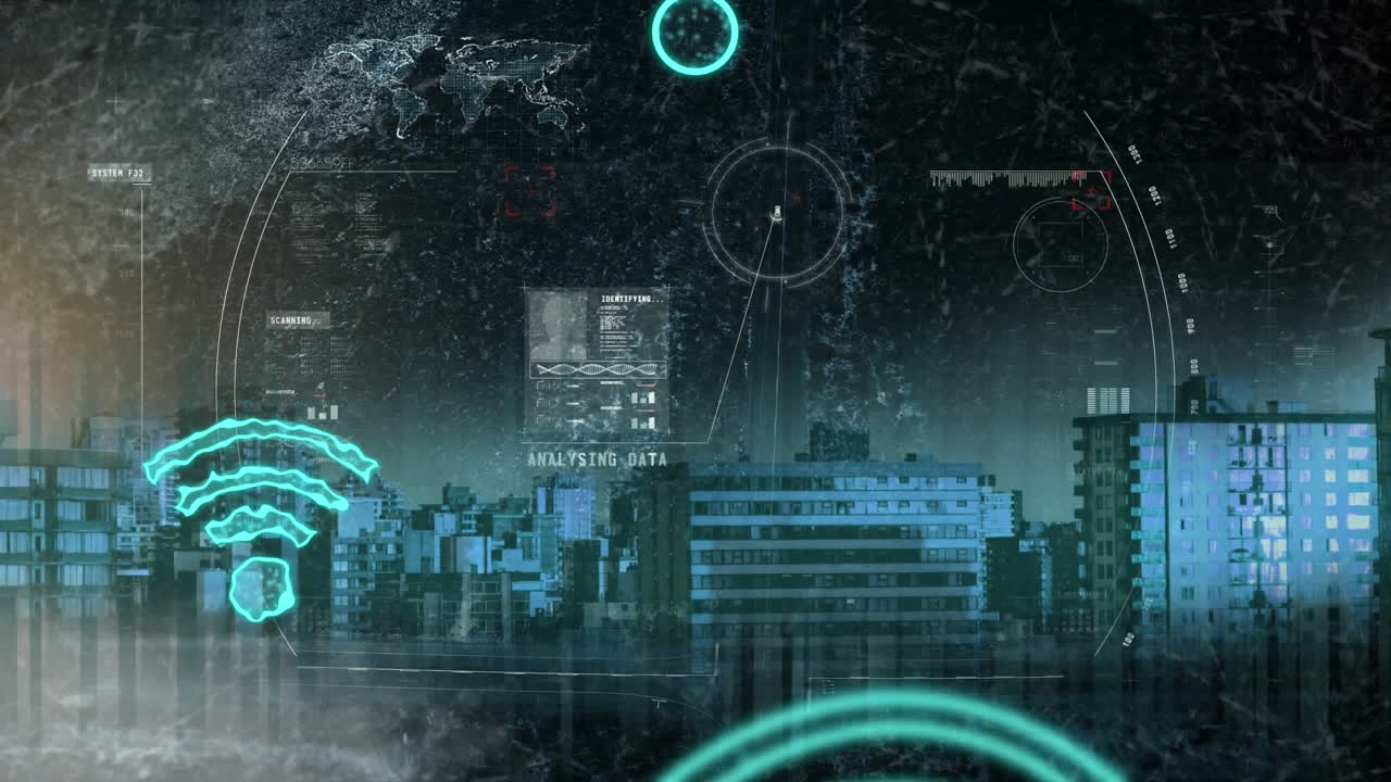 Animation of data processing over cityscape