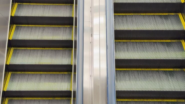 Tomada estática em ângulo alto de degraus vazios de escada rolante metálica subindo em uma estação de metrô.