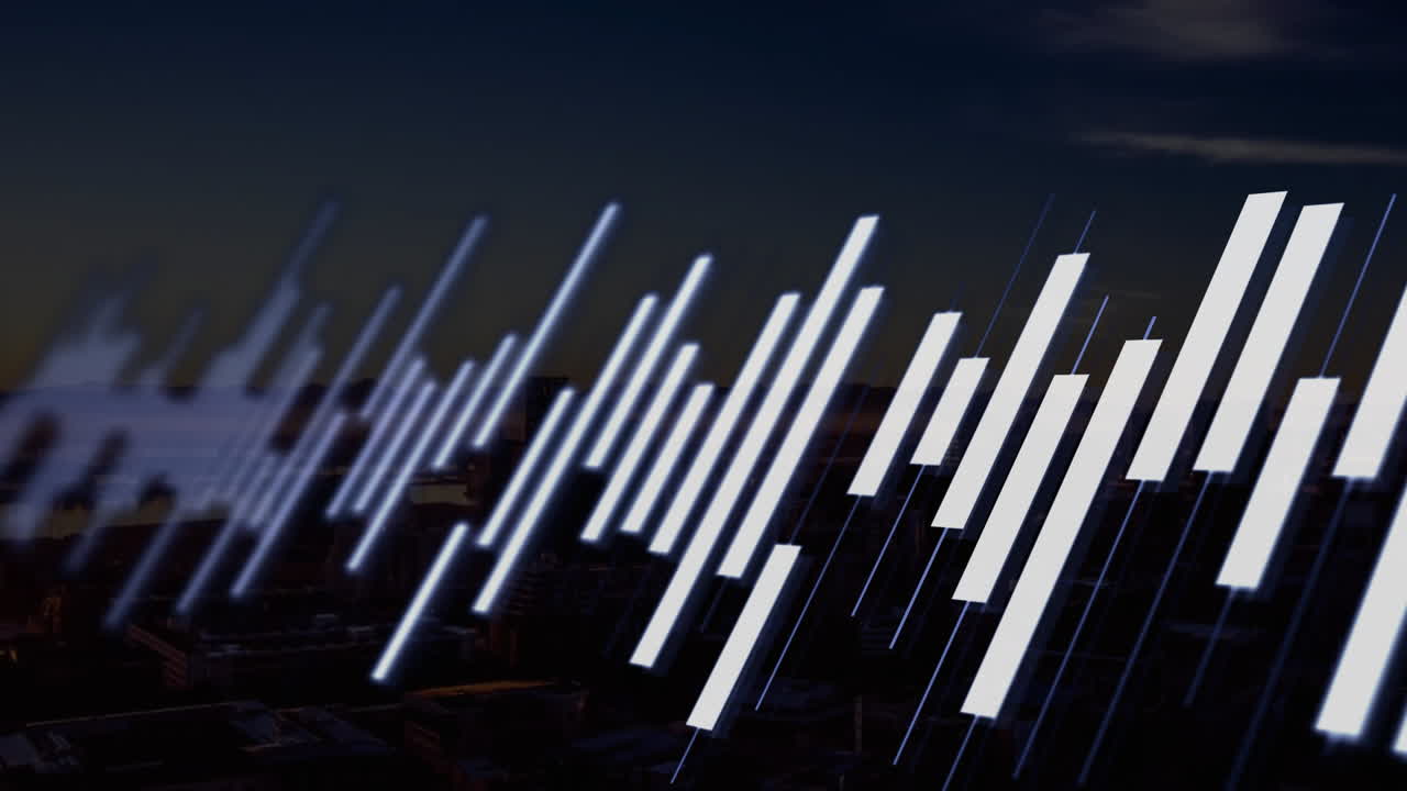 Animation of financial data processing over dark background