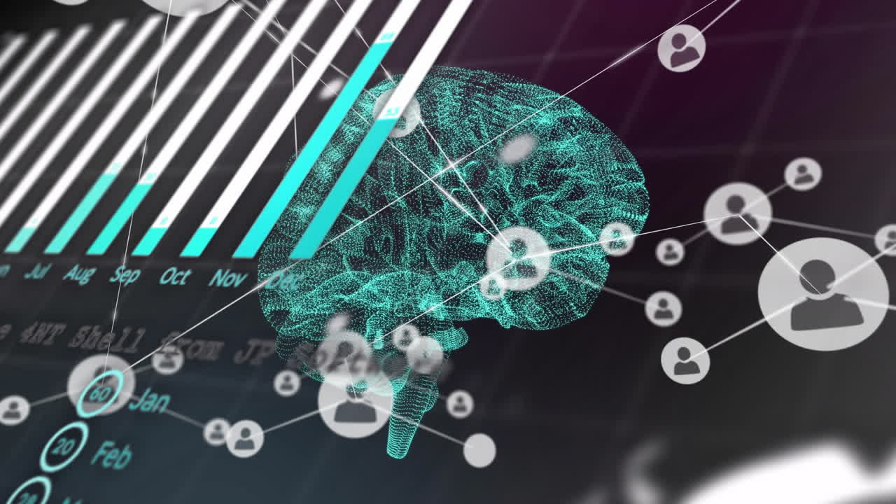 animación de la red de conexiones con las personas iconos sobre el cerebro humano