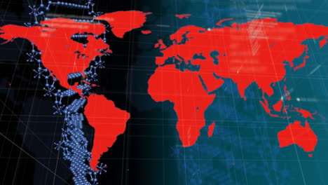 animación de un mapa del mundo sobre una cepa de adn, procesamiento de datos en el fondo.