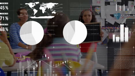 Animation-Der-Infografik-Oberfläche-über-Einem-Diversen-Mädchen-Mit-Schiefertafel,-Das-Im-Klassenzimmer-Steht-Und-Spricht