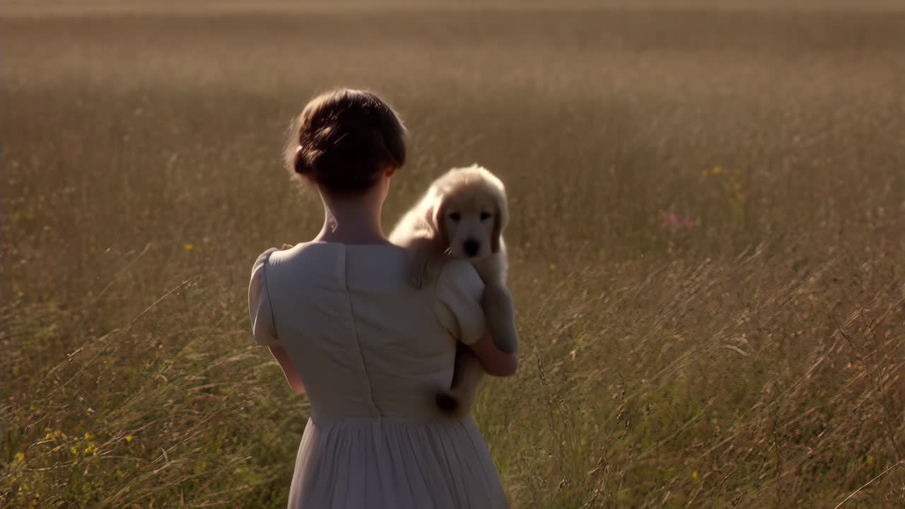 Woman carrying a puppy through a sunlit field