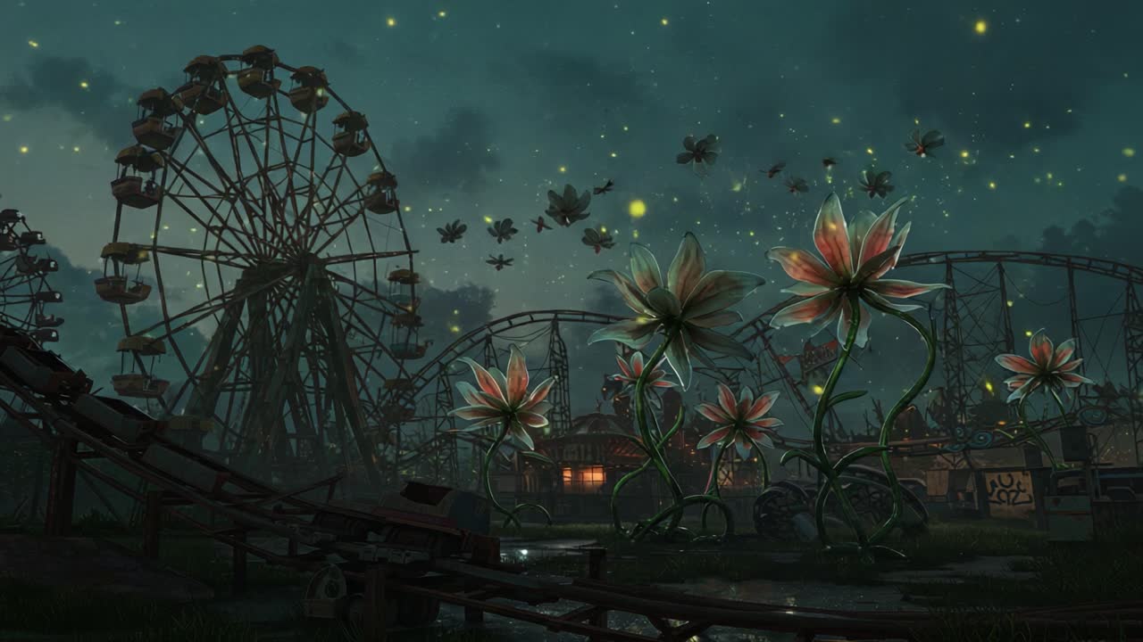 Uma Noite Mágica no Parque de Diversões Encantado: Flora Vibrante e Luzes Caprichosas Iluminam o Céu Crepuscular com uma Roda-Gigante e Montanha-Russa à Vista