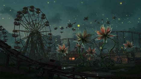 a magical night at the enchanted amusement park: vibrant flora and whimsical lights illuminate the twilight sky with a ferris wheel and roller coaster in view