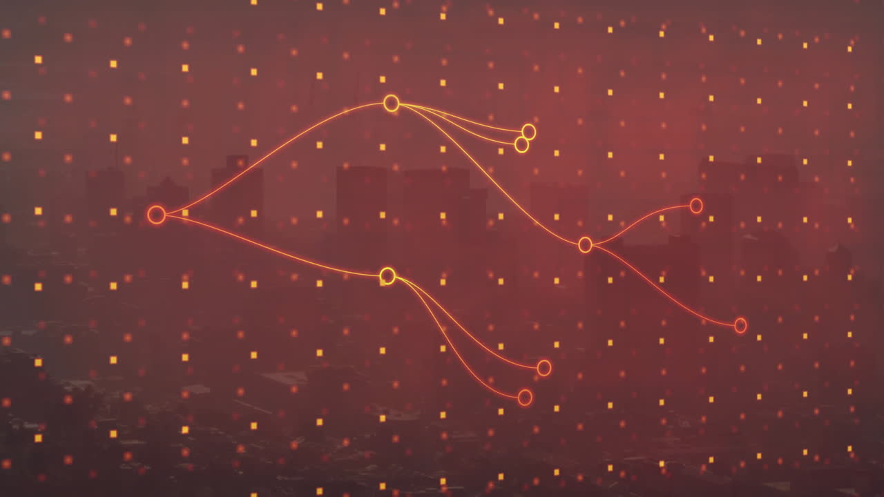 Glowing orange nodes forming network with curved lines over red haze skyline, pixels scattering