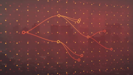 glowing orange nodes forming network with curved lines over red haze skyline, pixels scattering