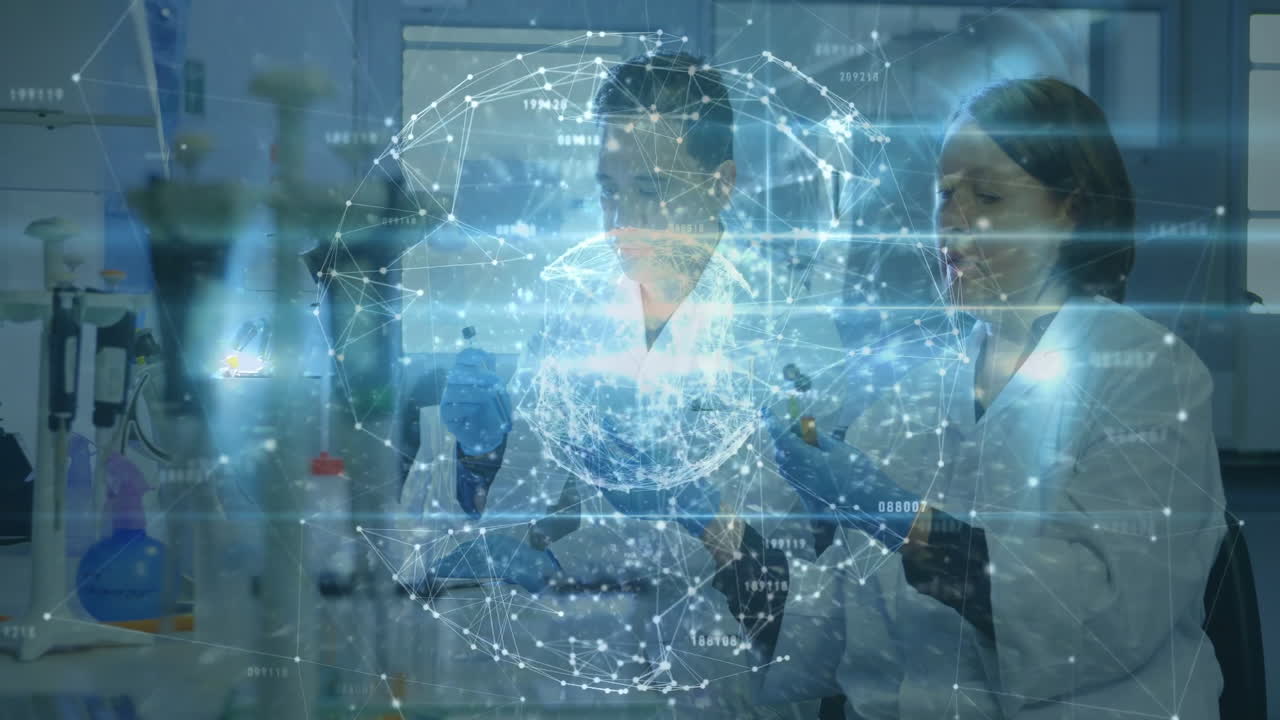 Working with animation, scientists in lab coats using digital network in laboratory