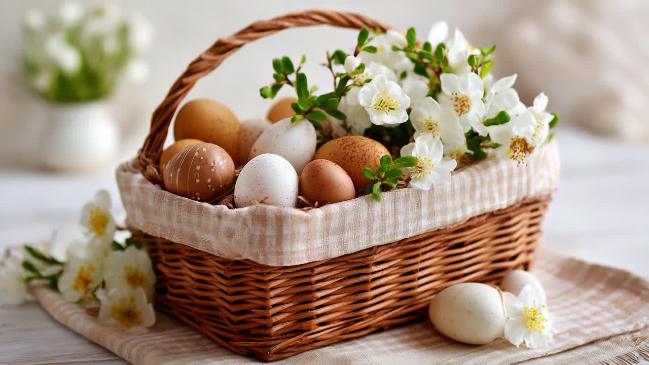 Easter egg basket with spring flowers