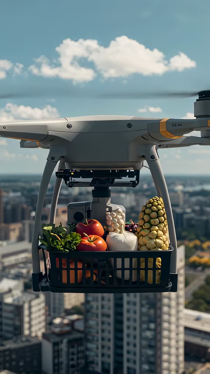 Vertical video: Hovering delivery drone carrying crate of produce over city, delivering groceries