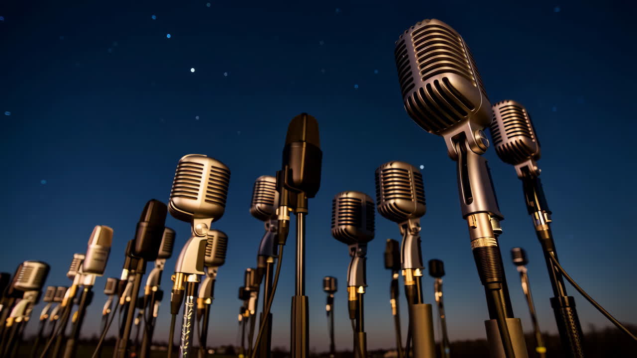 A collection of vintage microphones under a starry night sky