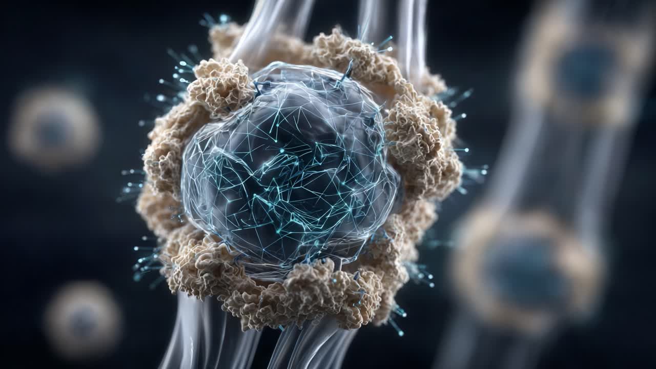 Primo piano dinamico di una cellula con intricate nanostrutture, che evidenzia le interazioni e la complessità cellulare in un contesto microscopico.