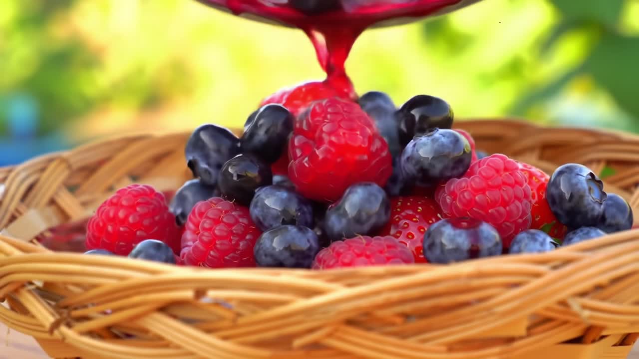 Fresh Berries Poured Into a Woven Basket at a Sunny Outdoor Setting During Summer