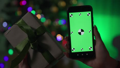 online ordering gifts on the eve of the new year, female hand holding mobile phone with a green screen and a present in front of the camera at night on the background of a christmas tree