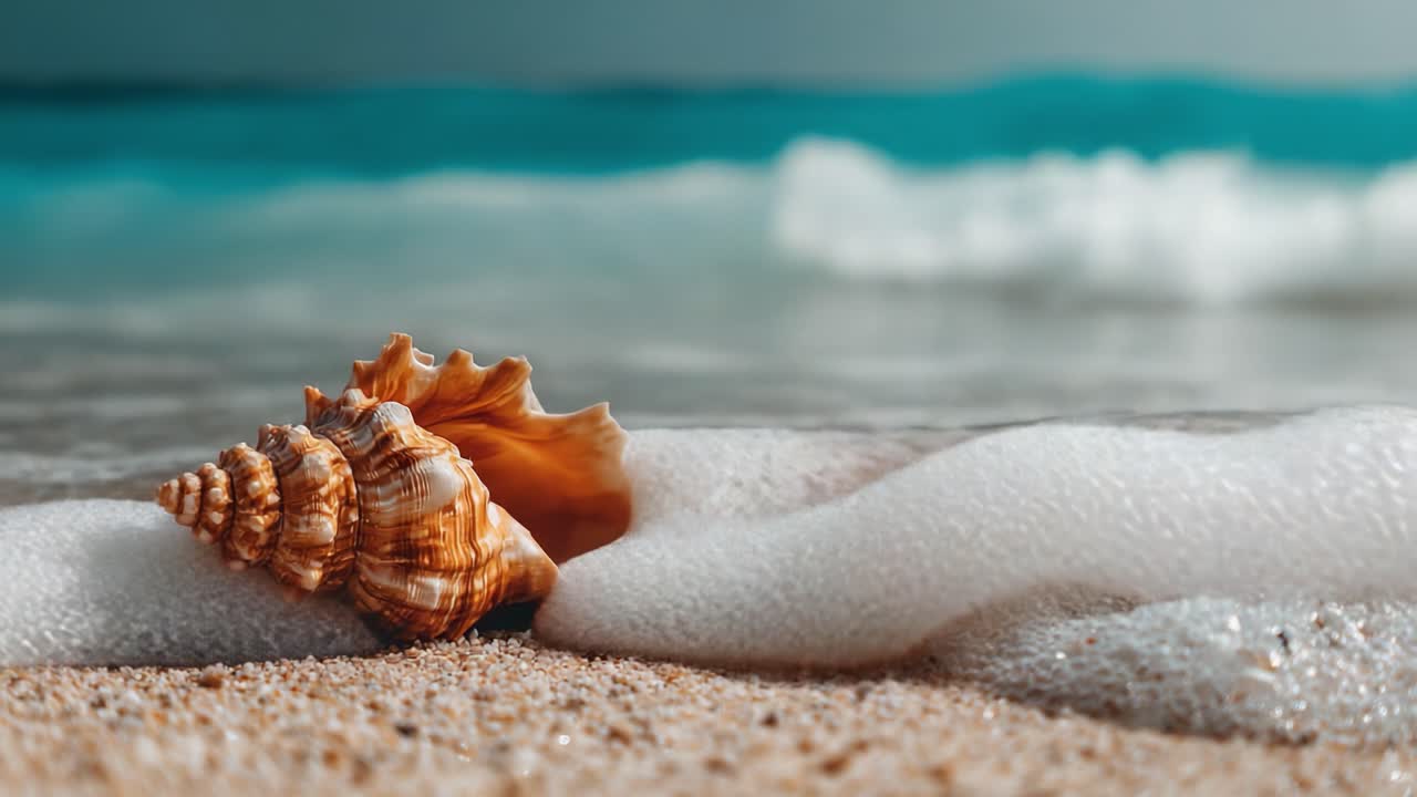 A Beautiful Seashell Resting on the Shoreline, Surrounded by Gentle Waves and Soft Foam, Capturing the Serenity of Nature's Coastal Beauty