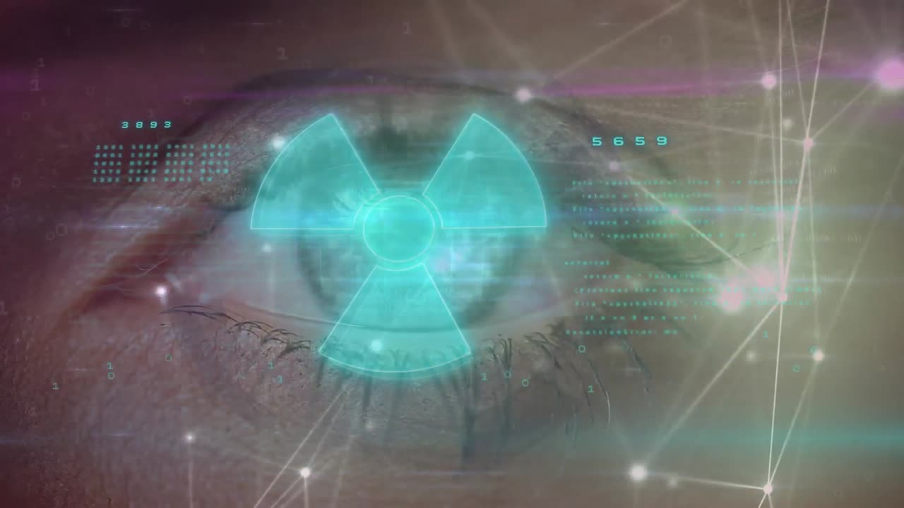 animación de símbolo radiactivo, red de conexiones, procesamiento de datos en primer plano del ojo humano