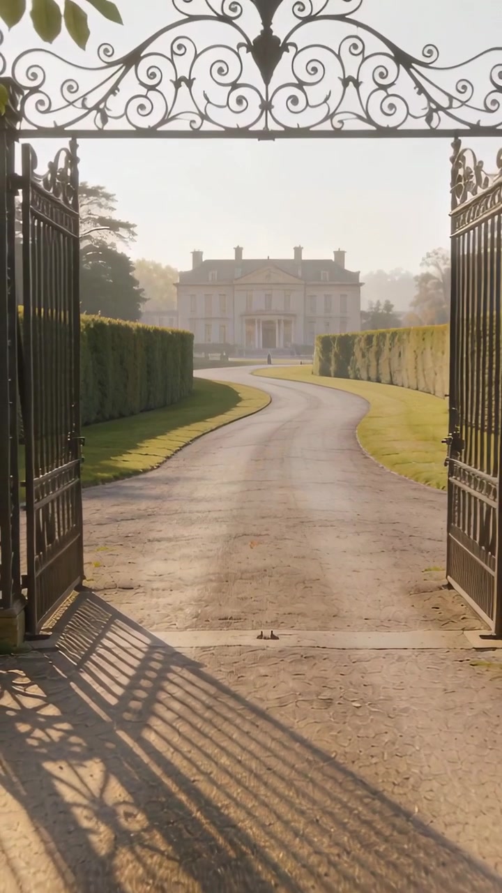 Vertical video: Camera moving showing ornate wrought-iron gate framing curved gravel drive to manor