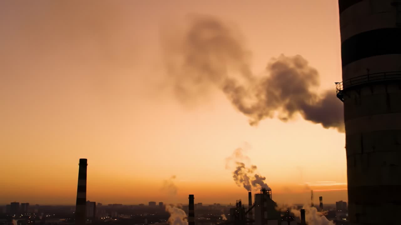 Industrial Landscape at Dusk: Emitting Chimneys Release Smoke Against a Majestic Sunset Sky, Capturing the Intersection of Nature and Man-Made Structures