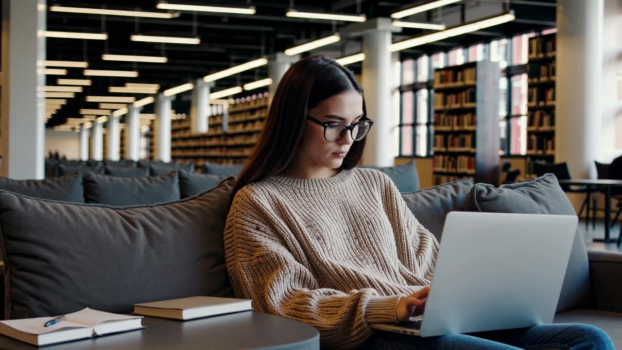 Student Working in a Modern Library