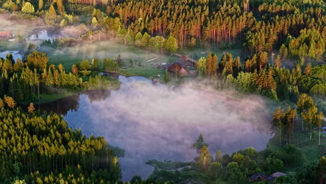 aerial view of misty forest lake and homesteads at sunrise in rural latvia