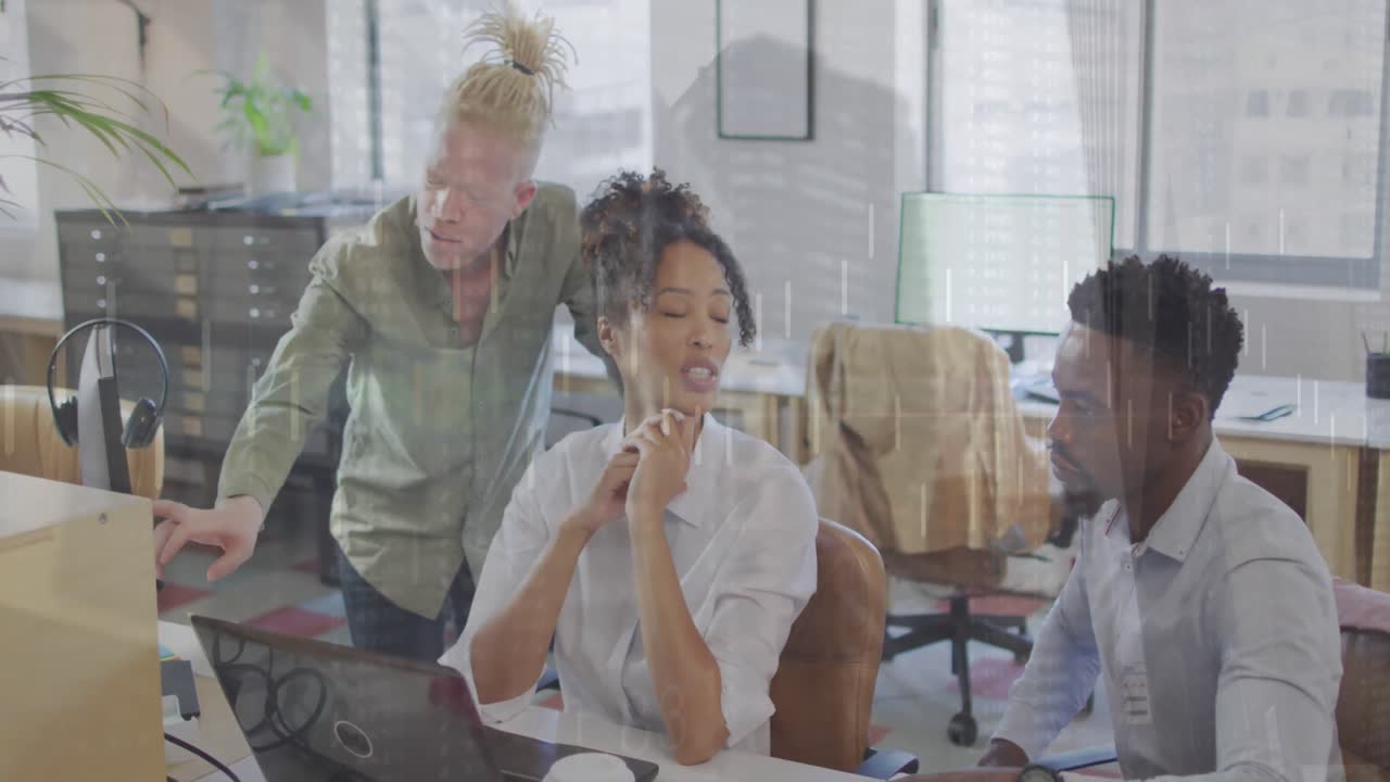 Animation of data processing over diverse business people in office