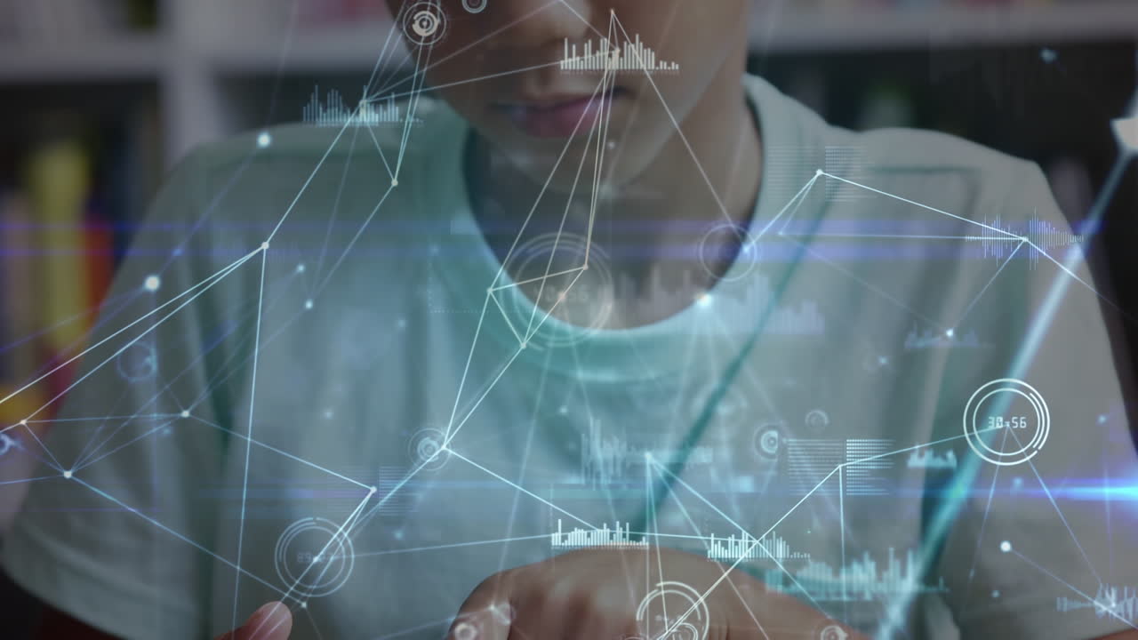 Animation of network of connections with data processing over biracial schoolboy