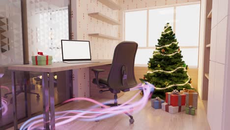 oficina en casa moderna con una computadora y decoraciones de navidad - diseño de interiores en 3d
