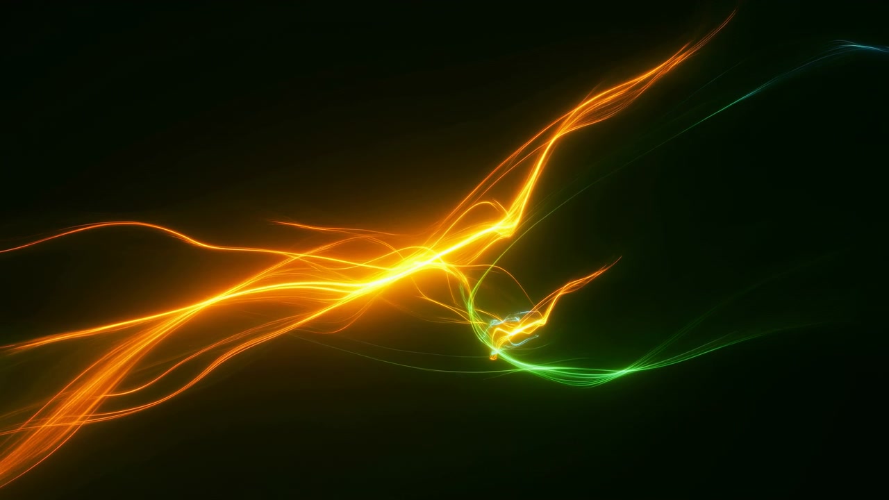 Linhas fluidas e brilhantes percorrem da esquerda para a direita em um fundo preto, formando curvas sobrepostas em laranja, amarelo, verde e azul com intersecções radiantes e caminhos que mudam suavemente