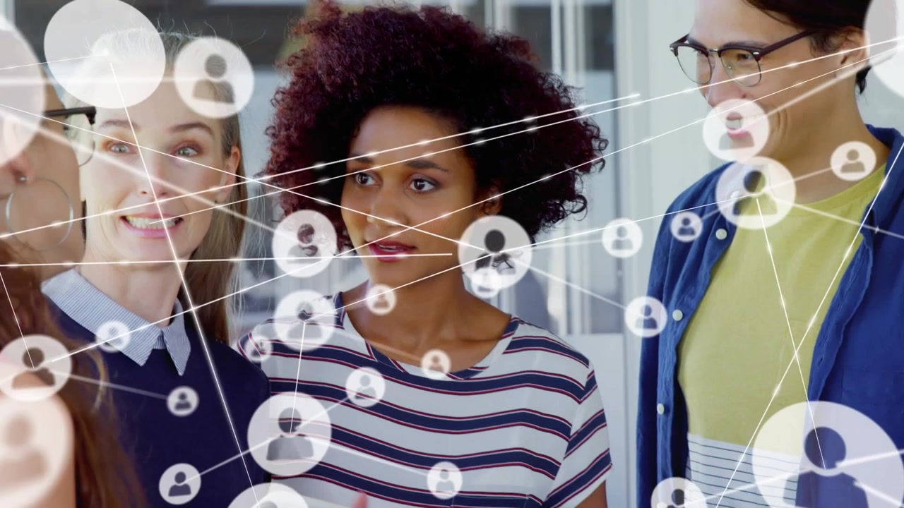 Animation of network of connections with people icons over diverse business people
