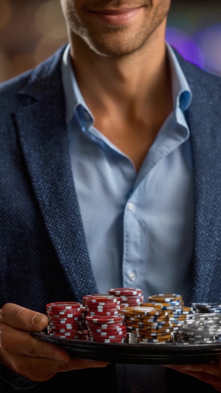 Un croupier di casinò sicuro di sé che offre fiches da poker su un vassoio, mostrando vari colori che rappresentano valori diversi in un vivace ambiente di gioco.