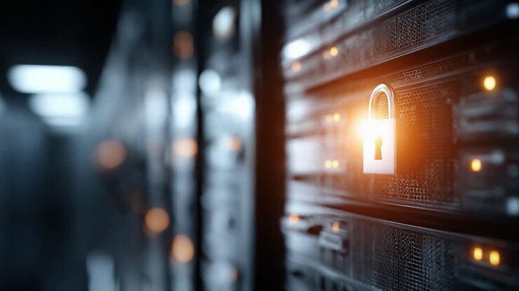 A High-Tech Server Room Featuring Secure Data Storage with Prominent Padlocks Emphasizing Security Measures in Digital Environment