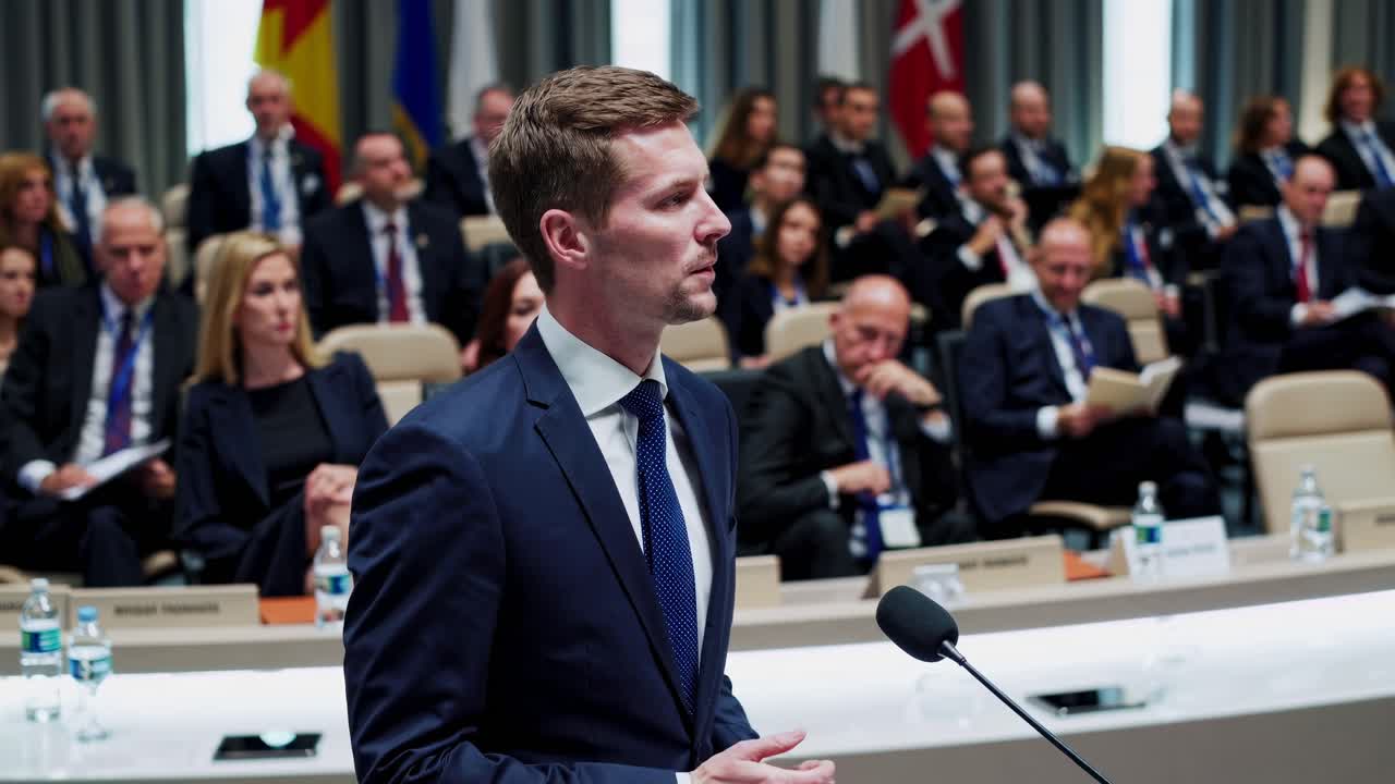 Wide-angle shot of a large conference room with international flags, capturing a diplomatic meeting
