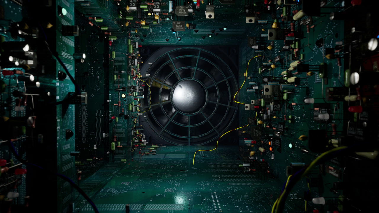 Deserted passage filled with rusted circuits and drifting debris