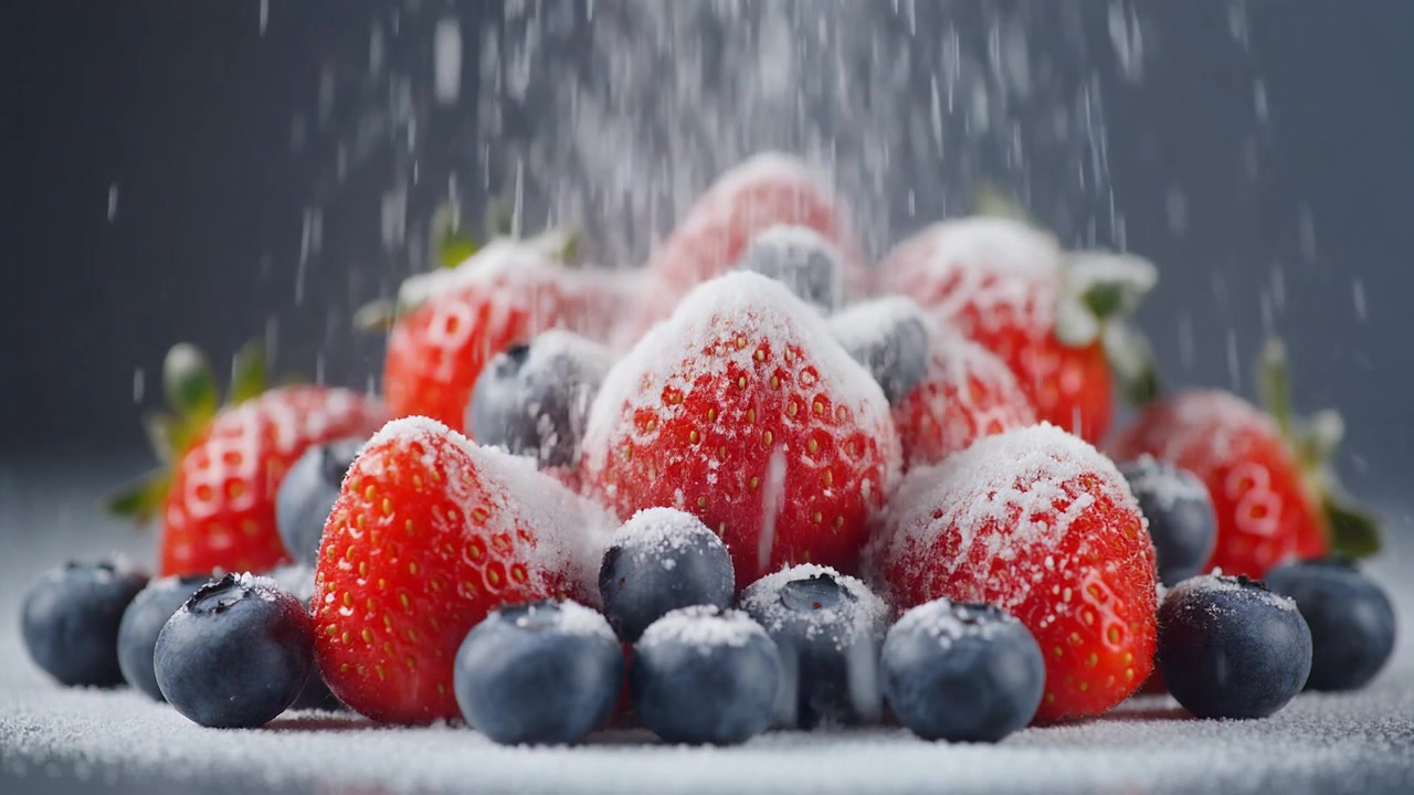 Zucchero a velo che cade su fragole fresche e mirtilli