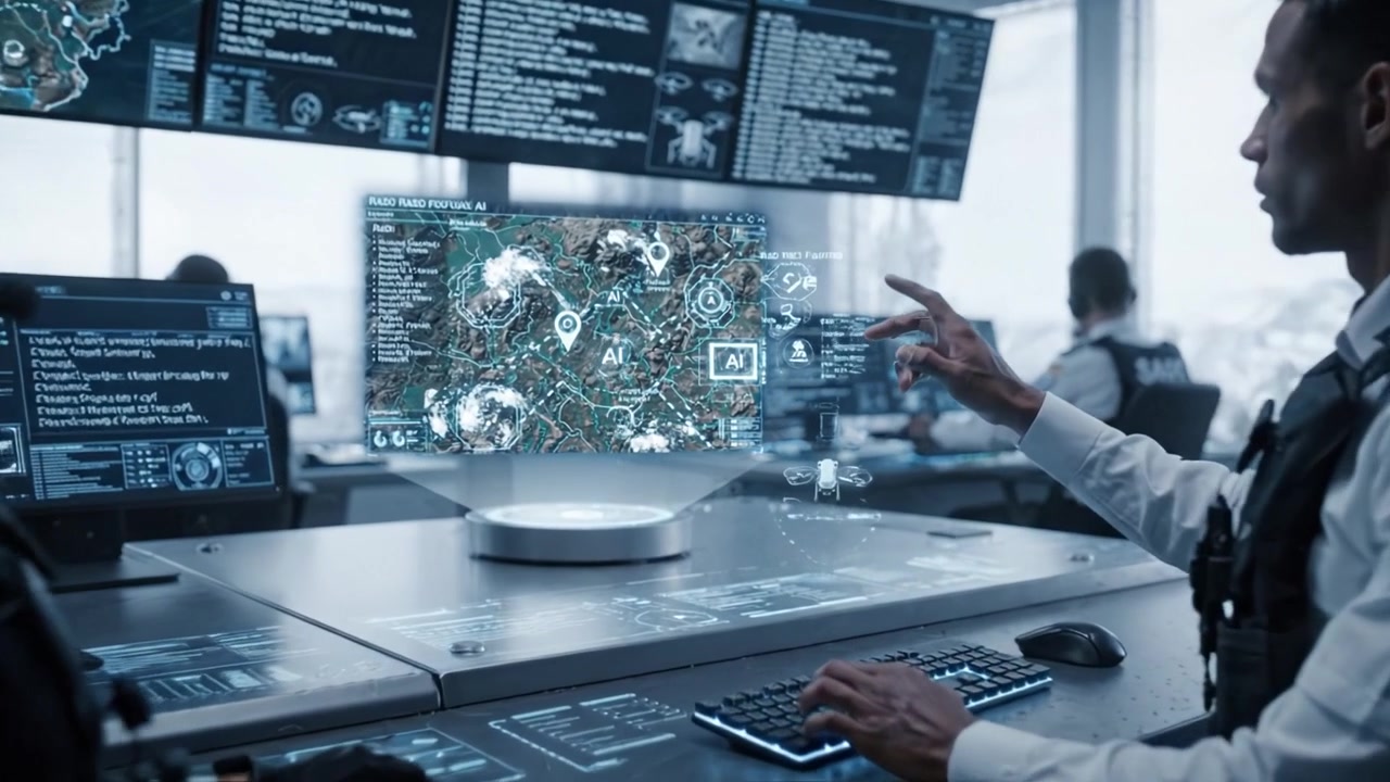 High-Tech Command Center with Advanced Surveillance Technology for Operations and Analysis in Complex Environments, Featuring Data Displays and AI Integration
