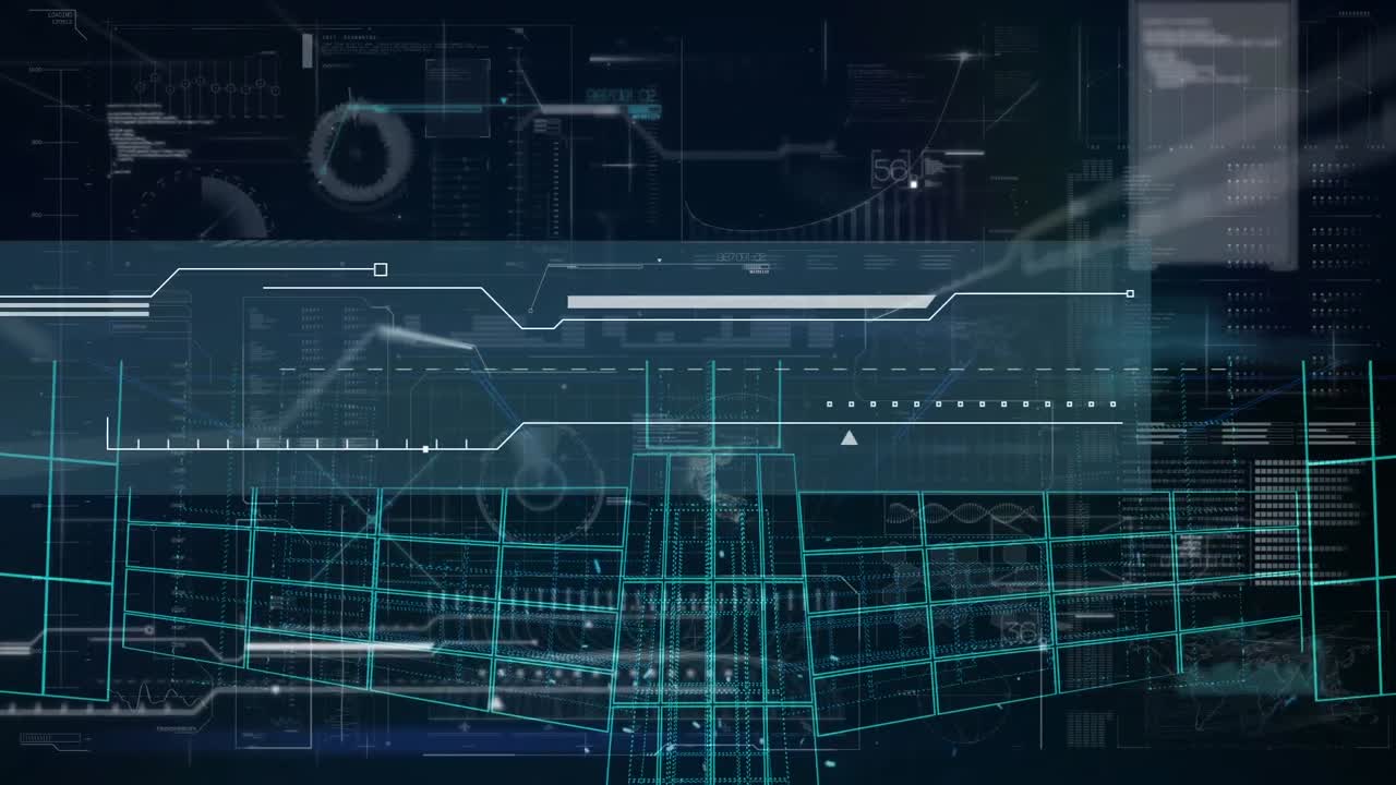 파란색 배경에 대한 데이터 처리와 함께 컴퓨터 인터페이스의 디지털 애니메이션