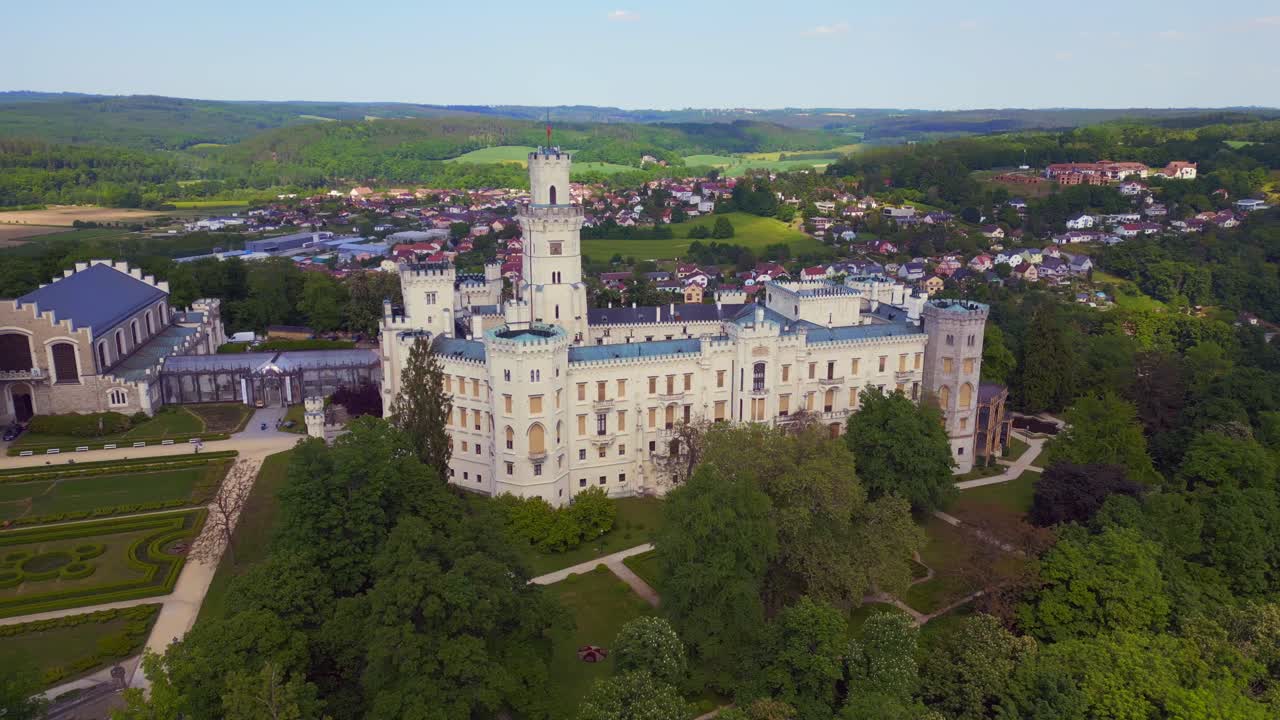 Great aerial top view flight Hlubok&aacute; Nad Vltavou is a Fairy tale castle in Czech Republic Europe, summer day 2023
