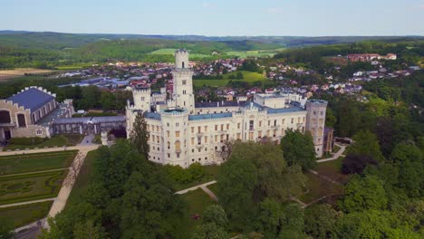 great aerial top view flight hluboká nad vltavou is a fairy tale castle in czech republic europe, summer day 2023