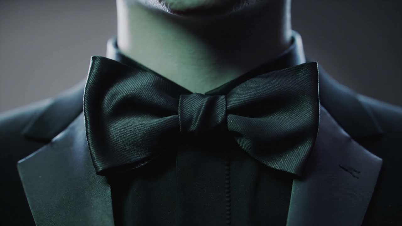 Pulling back camera revealing male model holding still at studio set, showcasing black silk bow tie