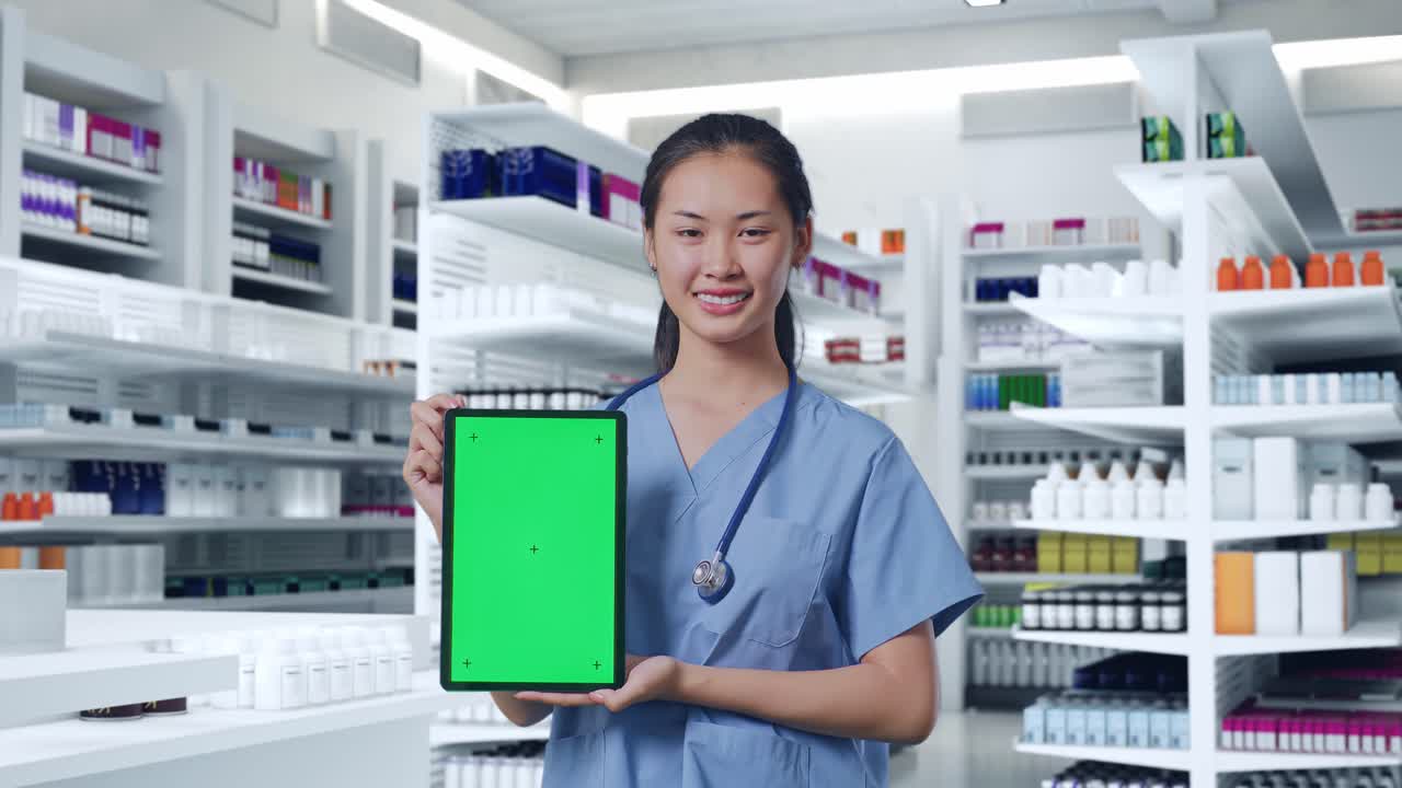 아시아 여성 의사는 스테토스코프를 들고 미소 짓고 약국에 서서 녹색 화면 태블릿을 보여줍니다.