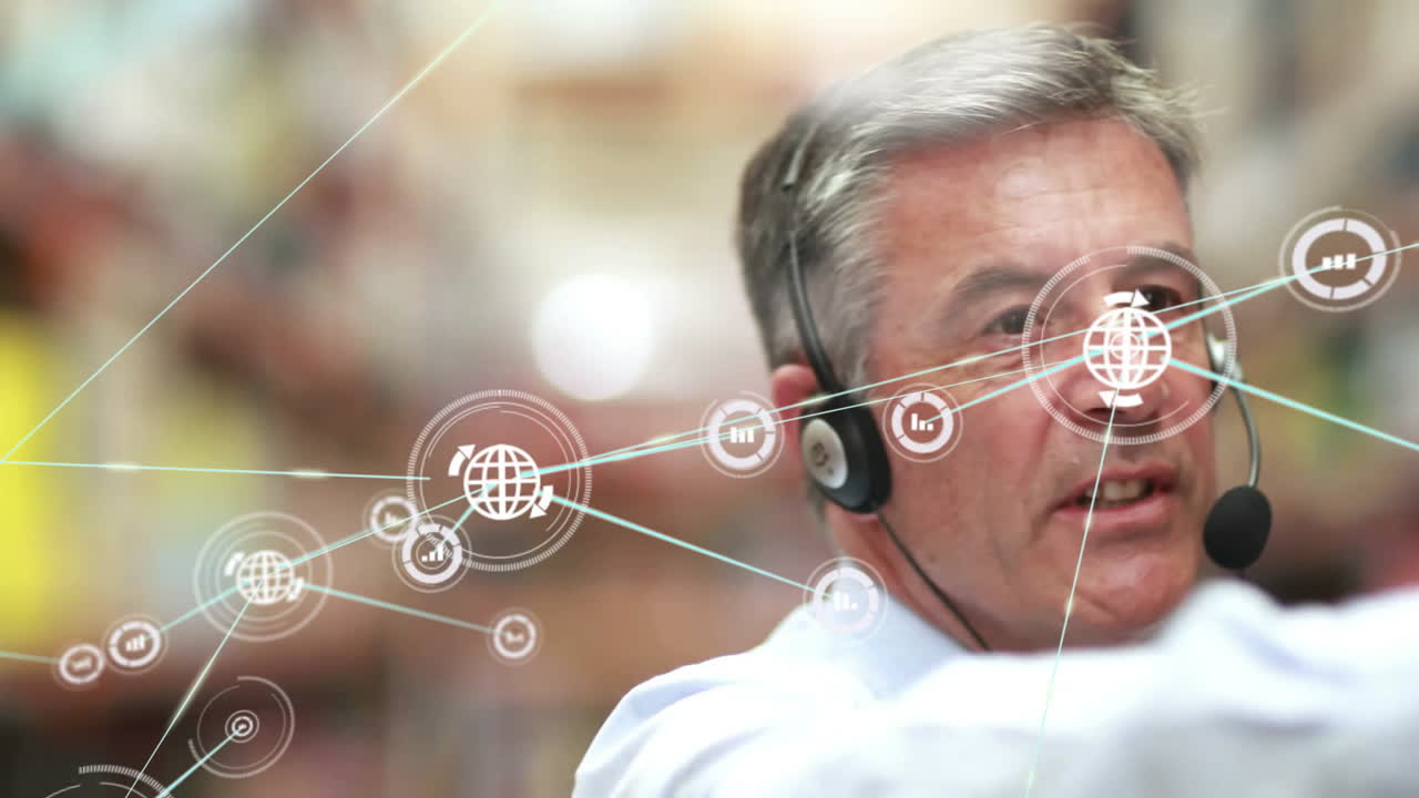 animación de la red de conexiones sobre trabajador masculino caucásico dando instrucciones en el almacén